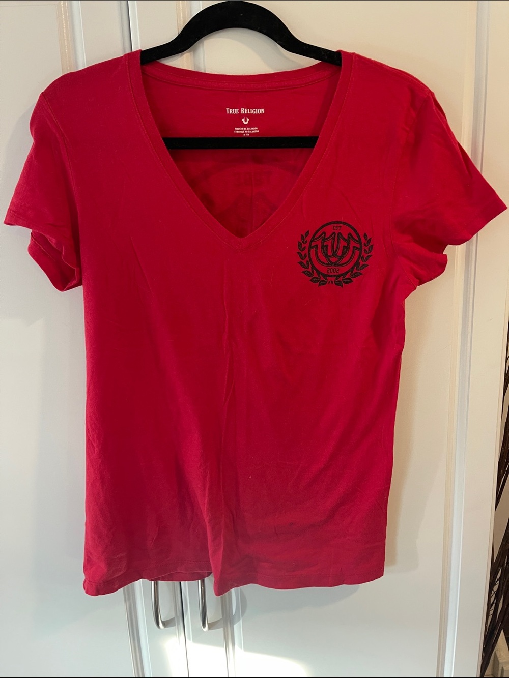 True Religion Women's Red V-Neck Logo Tee with Crest